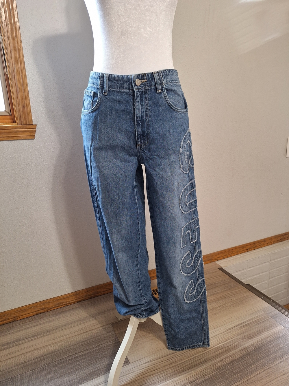 Vintage Guess Jeans Logo Embroidered Side Leg Baggy High Waisted Blue Denim